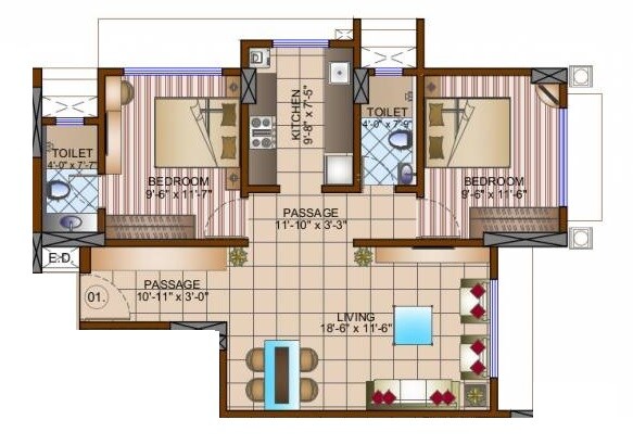 Floor plan of 2 BHK Apartment - 694 sq. ft. in GBD Ujwala Kutir, Mumbai