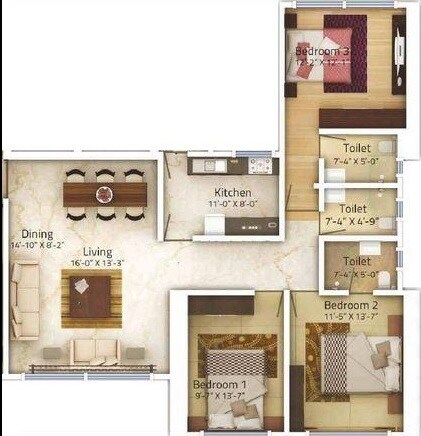 Floor plan of 3 BHK 1330 Sq. Ft. Apartment in GCORP Epitome, Mumbai