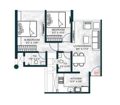 Floor plan of 2 BHK 563 Sq. Ft. Apartment in Geecee Evana, Mumbai