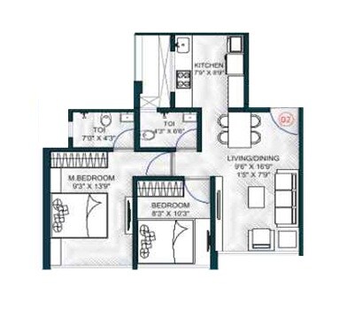 Floor plan of 2 BHK 692 Sq. Ft. Apartment in Geecee Evana, Mumbai
