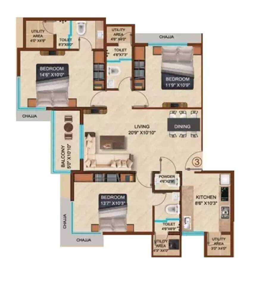 3 BHK 1008 Sq. Ft. Apartment