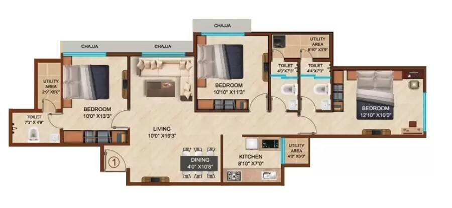 Floor plan of 3 BHK 945 Sq. Ft. Apartment in Geetanjali Heritage, Mumbai