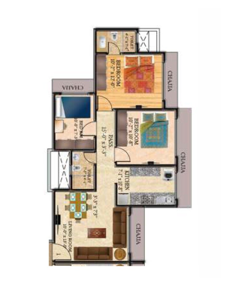 Floor plan of 3 BHK 760 Sq. Ft. Apartment in Geopreneur Ekta CHS, Mumbai