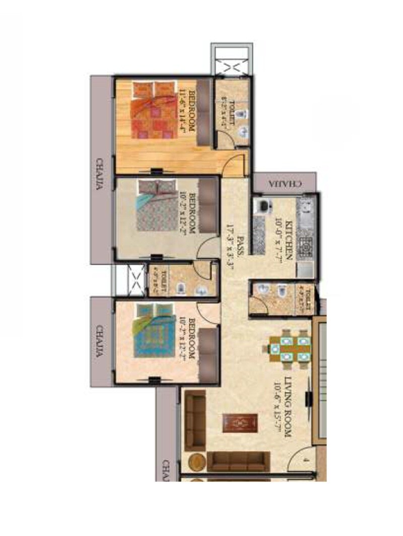 Floor plan of 3 BHK 882 Sq. Ft. Apartment in Geopreneur Ekta CHS, Mumbai
