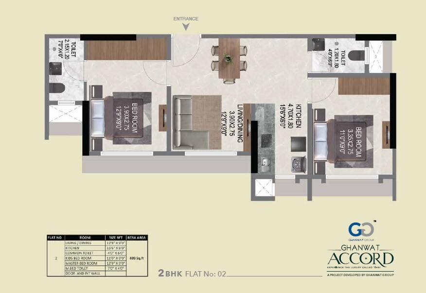 Floor plan of 2 BHK 499 Sq. Ft. Apartment in Ghanwat Accord, Mumbai