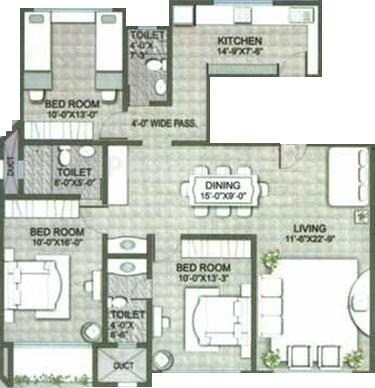 Floor plan of 3 BHK 1495 Sq. Ft. Apartment in GHP Millennium Tower, Mumbai