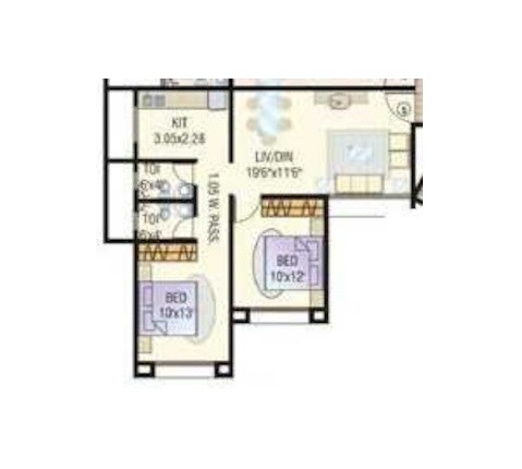 Floor plan of 2 BHK 581 Sq. Ft. Apartment in GHP Pluto B Suncity Housing, Mumbai