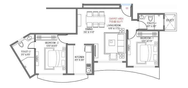 Floor plan of 2 BHK 713 Sq. Ft. Apartment in GHP Trinity, Mumbai