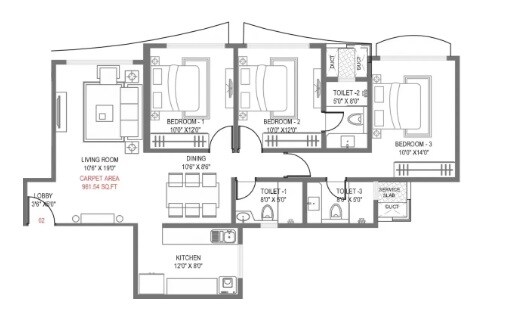 Floor plan of 3 BHK 962 Sq. Ft. Apartment in GHP Trinity, Mumbai