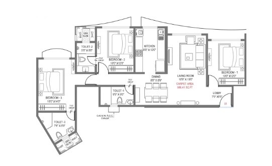 Floor plan of 3 BHK 987 Sq. Ft. Apartment in GHP Trinity, Mumbai