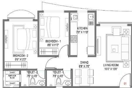 Floor plan of 2 BHK Apartment - 713 sq. ft. in GHP Trinityy, Mumbai