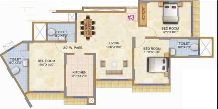 Floor plan of 3 BHK Apartment - 987 sq. ft. in GHP Trinityy, Mumbai