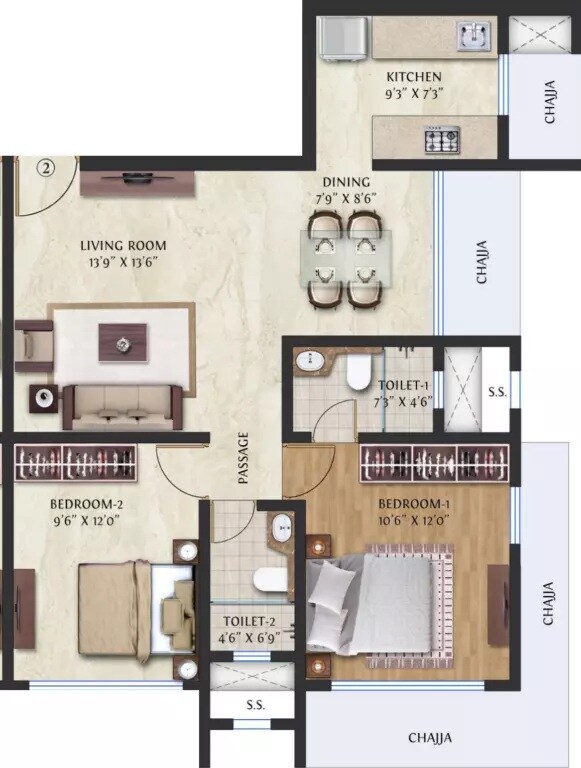 Floor plan of 2 BHK 675 Sq. Ft. Apartment in GHP Vaishakh, Mumbai