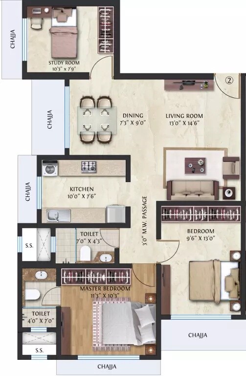 Floor plan of 3 BHK 780 Sq. Ft. Apartment in GHP Vaishakh, Mumbai