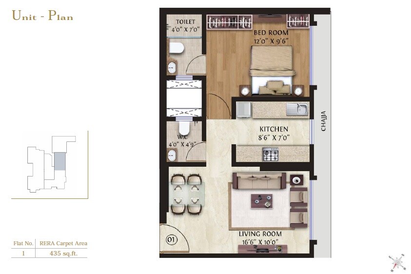 Floor plan of 1 BHK 435 Sq. Ft. Apartment in GHP Woodland, Mumbai