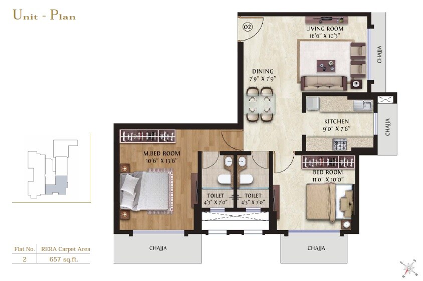 Floor plan of 2 BHK 657 Sq. Ft. Apartment in GHP Woodland, Mumbai