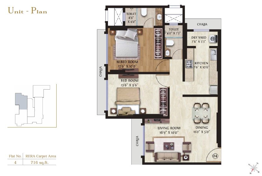 Floor plan of 2 BHK 716 Sq. Ft. Apartment in GHP Woodland, Mumbai