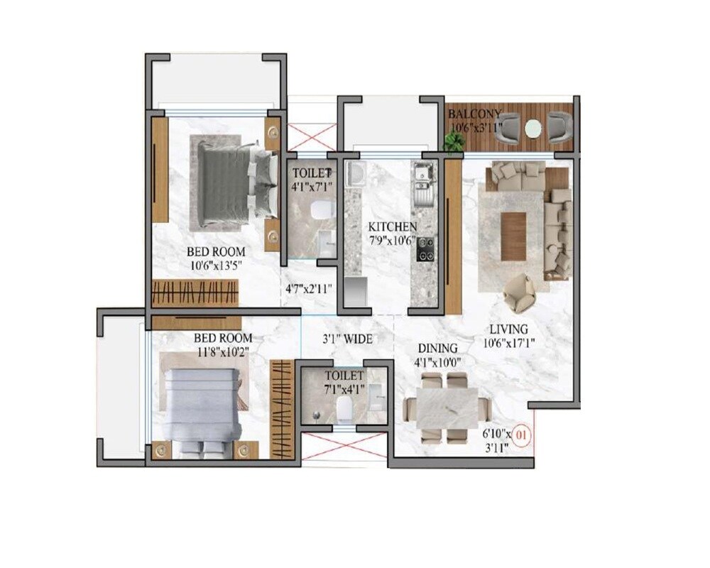 Floor plan of 2 BHK 790 Sq. Ft. Apartment in Giriraj Mandir CHS, Mumbai