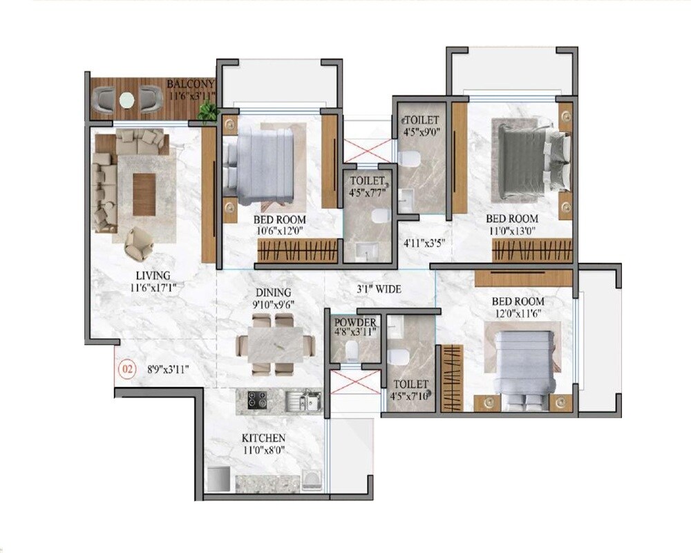 3 BHK 1162 Sq. Ft. Apartment