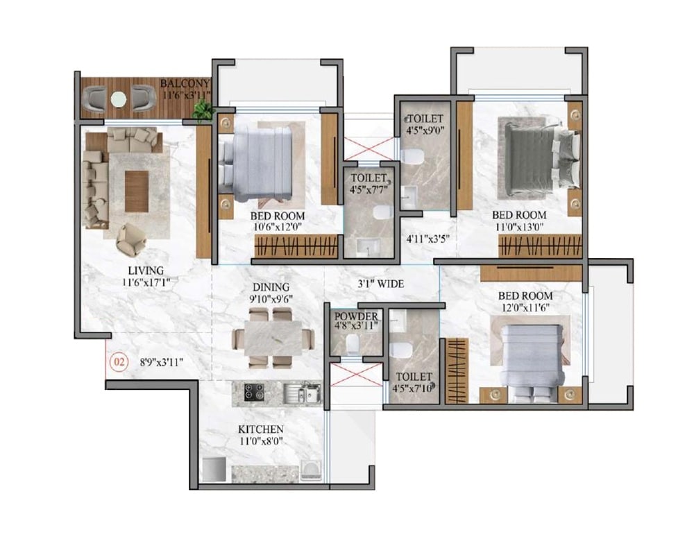 Floor plan of 3 BHK 841 Sq. Ft. Apartment in Giriraj Mandir CHS, Mumbai
