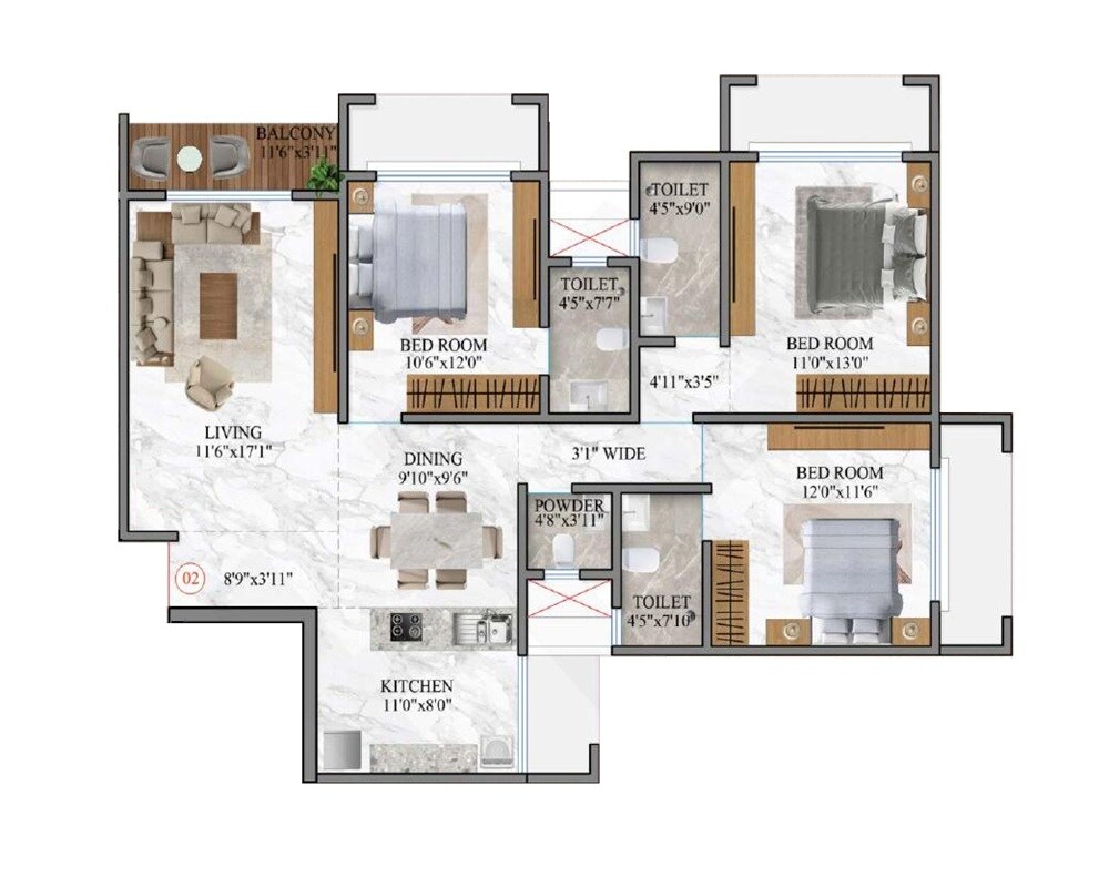 3 BHK 841 Sq. Ft. Apartment