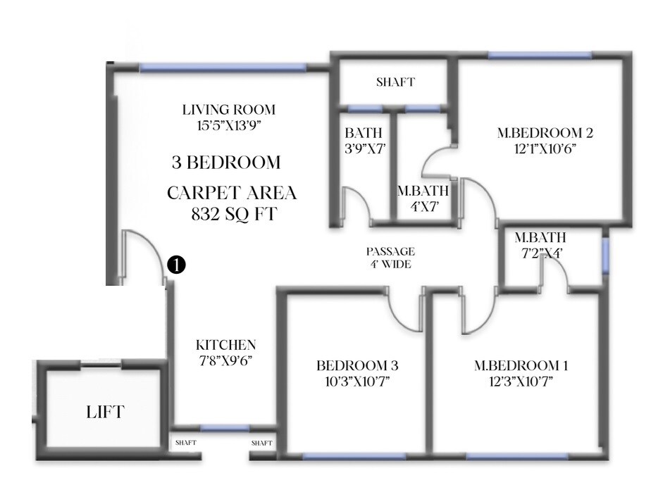 Floor plan of 3 BHK 832 Sq. Ft. Apartment in Girnar Ghanshyam Bhuvan, Mumbai