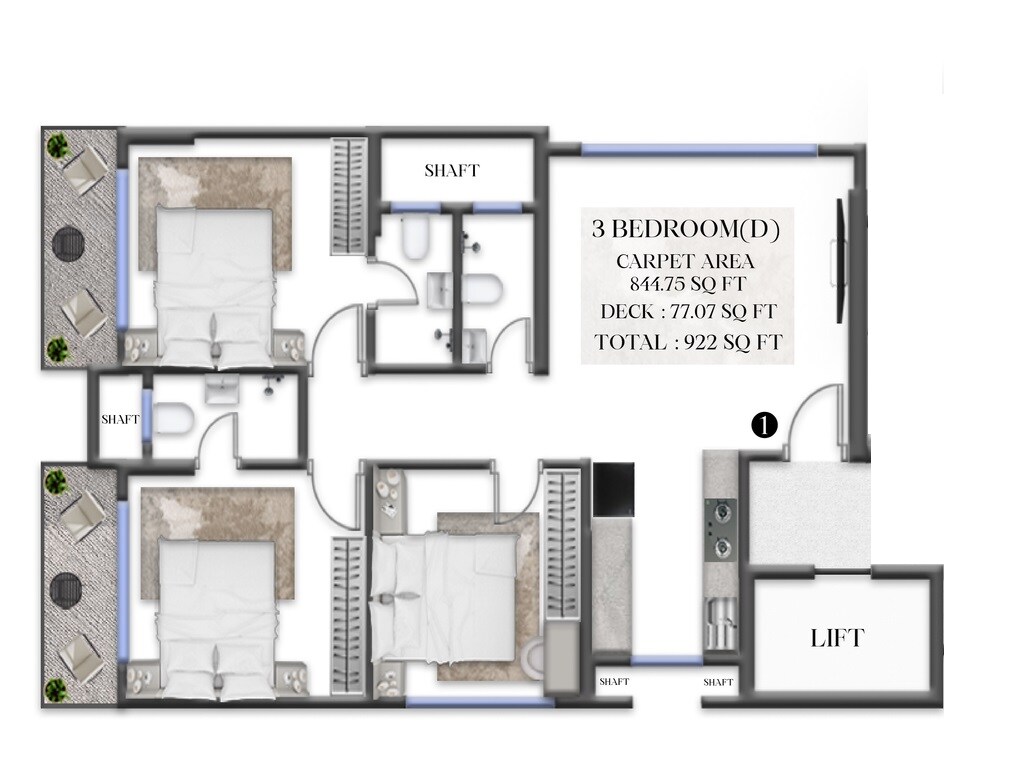 Floor plan of 3 BHK 922 Sq. Ft. Apartment in Girnar Ghanshyam Bhuvan, Mumbai