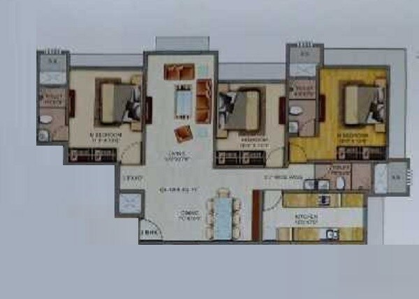 Floor plan of 3 BHK 1010 Sq. Ft. Apartment in GK Sai Radha Complex, Mumbai