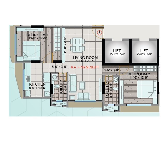 Floor plan of 2 BHK 762 Sq. Ft. Apartment in Global Emerald, Mumbai