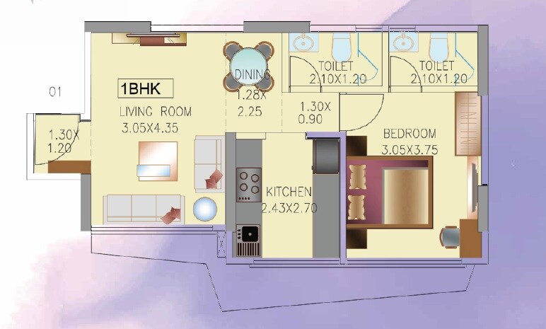 Floor plan of 1 BHK 477 Sq. Ft. Apartment in GM Chandan Apartment, Mumbai
