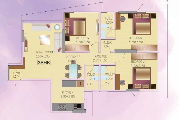 Floor plan of 3 BHK 927 Sq. Ft. Apartment in GM Chandan Apartment, Mumbai