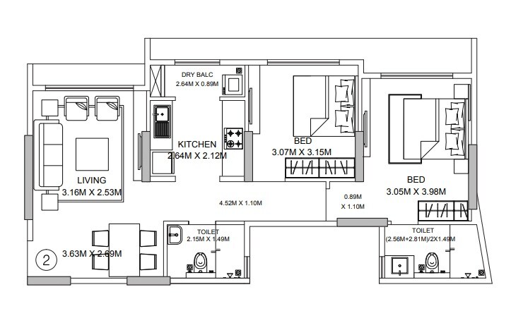 Floor plan of 2 BHK 737 Sq. Ft. Apartment in Godrej Central, Mumbai