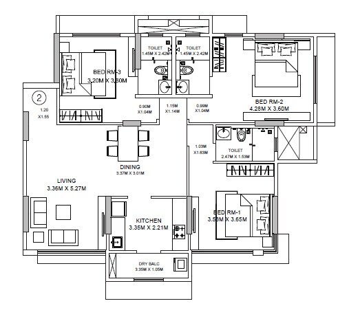 Floor plan of 3 BHK 1084 Sq. Ft. Apartment in Godrej Central, Mumbai
