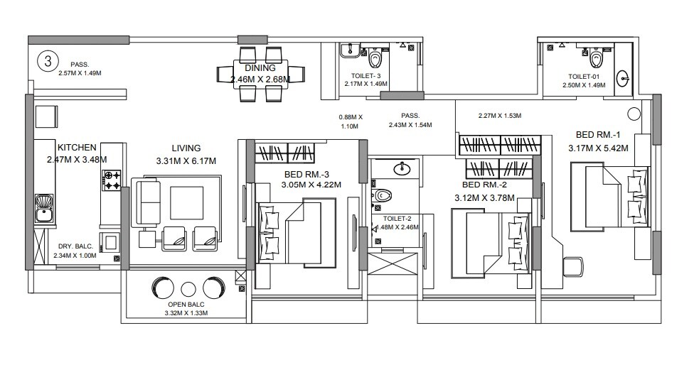 Floor plan of 3 BHK 1165 Sq. Ft. Apartment in Godrej Central, Mumbai