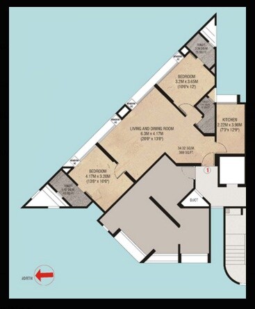 Floor plan of 2 BHK 1039 Sq. Ft. Apartment in Godrej Garden Enclave A-Type Tower, Mumbai