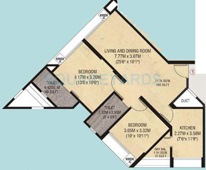 Floor plan of 2 BHK 975 Sq. Ft. Apartment in Godrej Garden Enclave, Mumbai
