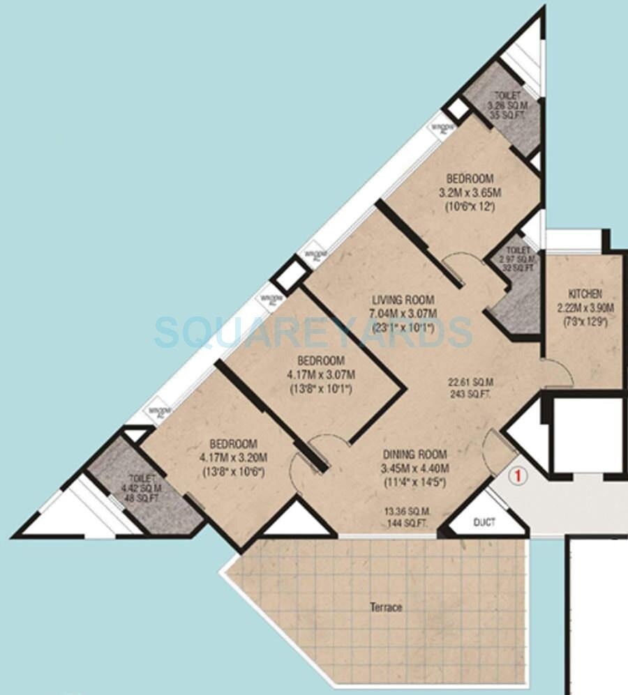 Floor plan of 3 BHK 897 Sq. Ft. Apartment in Godrej Garden Enclave B-Type Tower, Mumbai