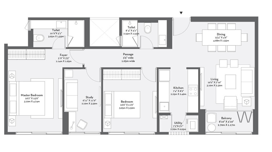 3 BHK 939 Sq. Ft. Apartment