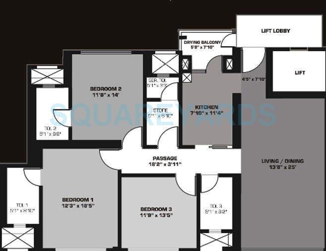 Floor plan of 3 BHK 1770 Sq. Ft. Apartment in Godrej Planet, Mumbai