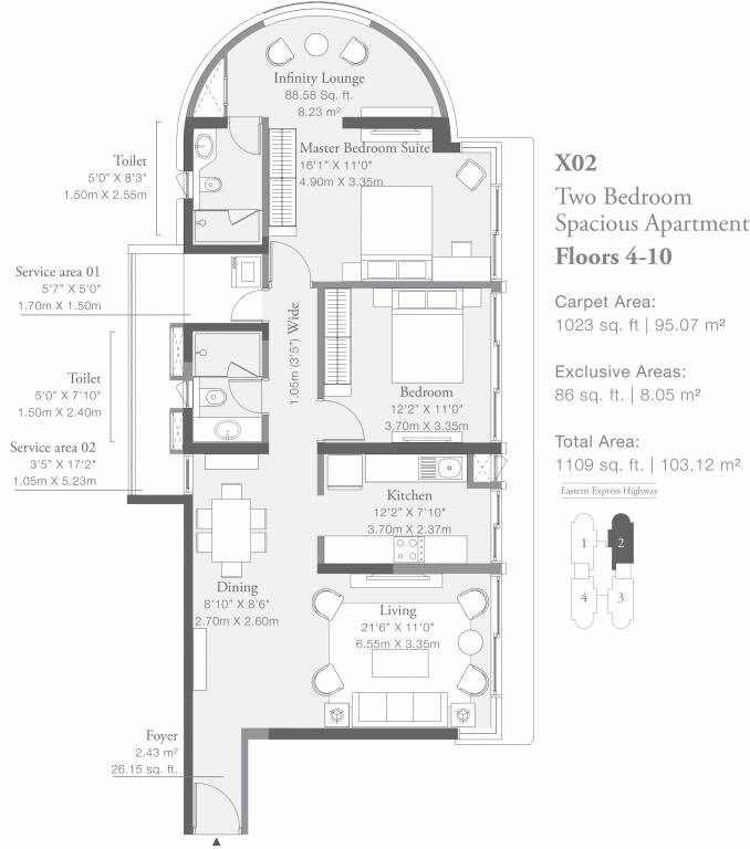 Floor plan of 2 BHK 1023 Sq. Ft. Apartment in Godrej Platinum Mumbai, Mumbai