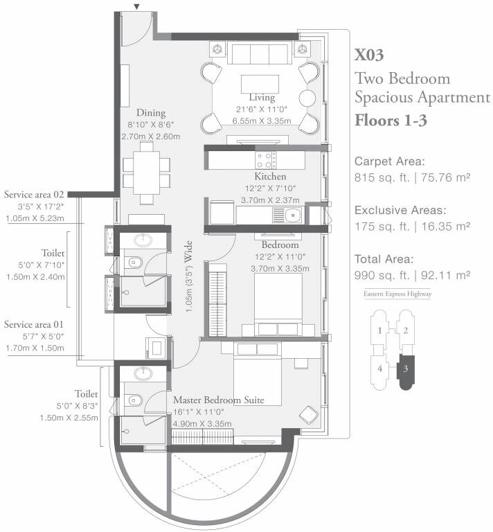 Floor plan of 2 BHK 815 Sq. Ft. Apartment in Godrej Platinum Wing B4, Mumbai