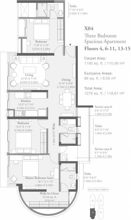 Floor plan of 3 BHK 1190 Sq. Ft. Apartment in Godrej Platinum Wing B4, Mumbai