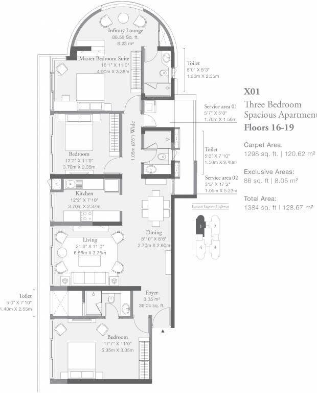 Floor plan of 3 BHK 1298 Sq. Ft. Apartment in Godrej Platinum Wing B4, Mumbai