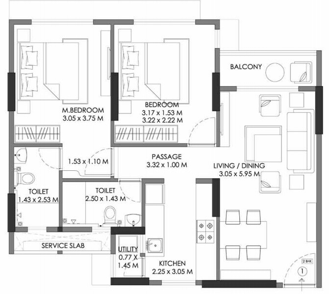 Floor plan of 2 BHK 737 Sq. Ft. Apartment in Godrej Prime, Mumbai