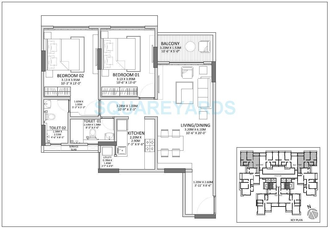 Floor plan of 2 BHK 790 Sq. Ft. Apartment in Godrej Prime, Mumbai