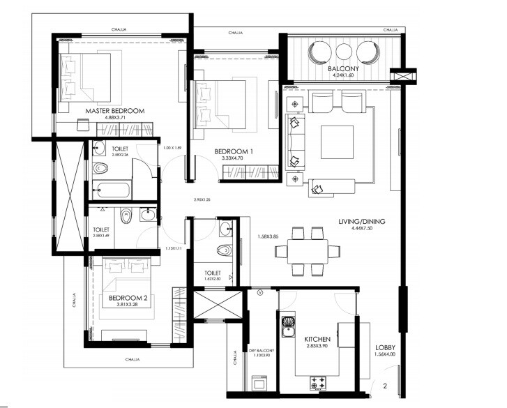 Floor plan of 3 BHK 1422 Sq. Ft. Apartment in Godrej Serenity, Mumbai