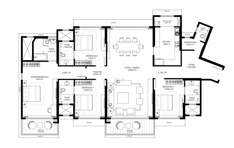Floor plan of 4 BHK 2006 Sq. Ft. Apartment in Godrej Serenity, Mumbai