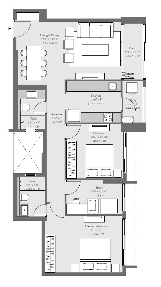 Floor plan of 2 BHK 1097 Sq. Ft. Apartment in Godrej The Trees Phase II, Mumbai