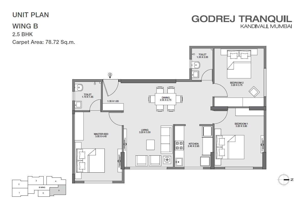 Floor plan of 2 BHK Apartment - 847 sq. ft. in Godrej Tranquil, Mumbai