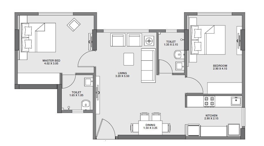 Floor plan of 2 BHK Apartment - 757 sq. ft. in Godrej Tranquil, Mumbai